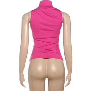 Detailed back view of a vibrant pink high-neck sleeveless slim fit tank top for women