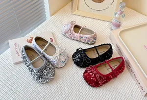 Sparkling sequined Mary Jane shoes for girls in silver, white, black, and red colors