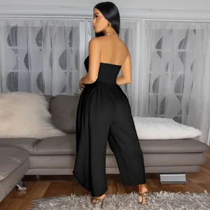 Elegant sexy black strapless jumpsuit with wide leg pants for women's summer fashion