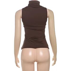 Detailed back view of a stylish sleeveless brown turtleneck slim fit vest for women