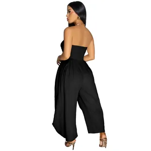 Elegant black strapless tube top jumpsuit with textured fabric and smocked back view