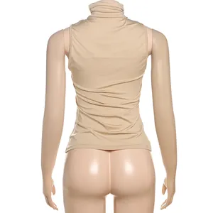 Back view of a chic beige slim-fit sleeveless high-neck top on a female mannequin