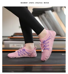 Detail shot of pink quick-dry outdoor water shoes for women on a fitness gym treadmill