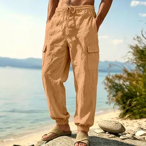 Men's khaki linen cargo joggers with drawstring waist and elastic ankles for beach