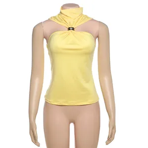 Detailed front view of yellow halter tank top with gold metal ring accent on mannequin