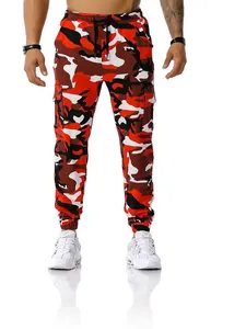 Stylish men's red camouflage cargo joggers for outdoor sports and gym fitness training wear