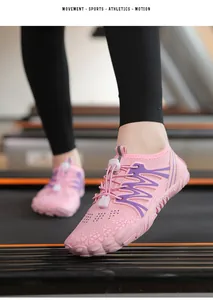 Close-up view of pink quick-dry barefoot water shoes worn during a treadmill workout
