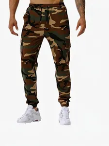 Men's camouflage cargo joggers designed for outdoor sports and fitness training in white background