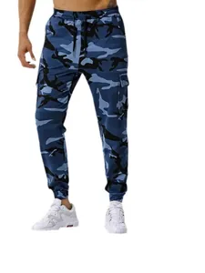 Men's blue camouflage joggers with drawstring waist and cargo pockets for outdoor fitness