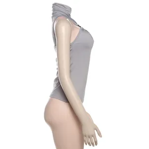 Side view of grey sleeveless halter neck top with metallic detail on model mannequin