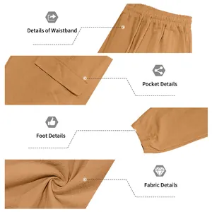 Close-up detail views of men's linen cargo pants showing waistband, pocket, and fabric.