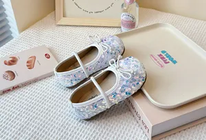 Close-up of girls' iridescent sequined princess shoes with bow detail