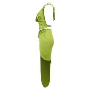 Side view detail of a lime green halter cowl neck top and high-slit skirt set