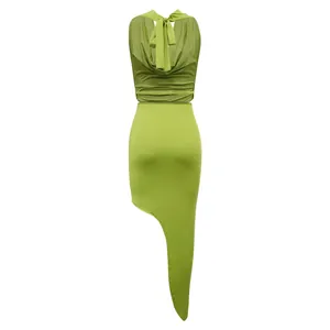 Detailed back view of a lime green halter neck top and asymmetric high slit skirt set