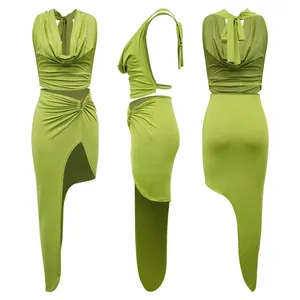 Detailed view of lime green halter cowl neck top and high slit asymmetrical skirt set