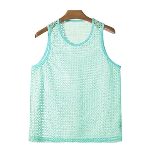 Canotta sportiva da uomo in rete verde menta, maglia fitness senza maniche trasparente