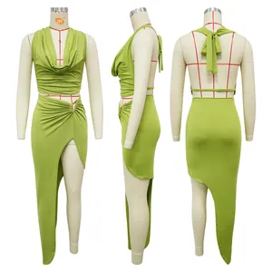Detailed front side and back view display of a sexy lime green halter neck high slit skirt set