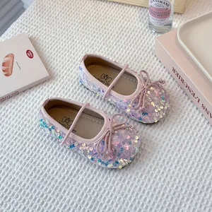 Elegant pink sequin Mary Jane flats for girls featuring cute bow detail and soft soles.