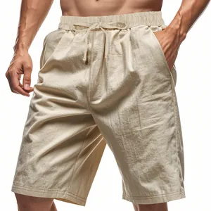 Pantaloncini casual in lino da uomo con vita elastica e coulisse per la spiaggia