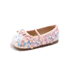 Sparkly pink sequined girls princess shoes with elegant bow and soft durable sole