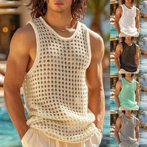 Top da Uomo Smanicato in Rete Traforata Sexy Trasparente Canotta da Palestra per Muscoli Gilet Sportivo Poliestere Traspirante per Vacanze al Mare Abbigliamento Uomo