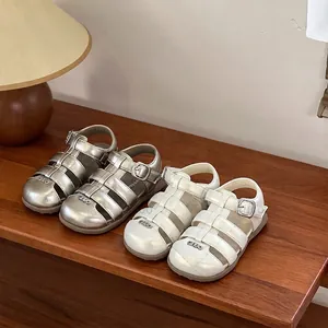Elegant toddler girls closed-toe soft sole summer sandals in silver and pearl white
