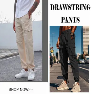 Comparison view showing beige and black men's cotton linen drawstring cargo jogger pants