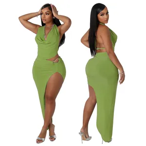 Elegant lime green halter cowl neck top and high slit asymmetrical maxi skirt set