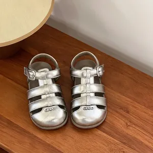 Shiny silver baby girl closed-toe sandals with soft soles for summer toddler walking shoes