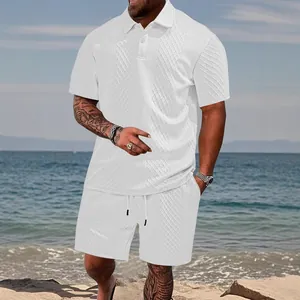 Premium men's white jacquard polo shirt and matching shorts set for summer beach leisure