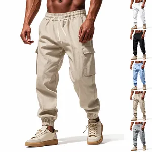 Detail view of men's linen cargo joggers showing multiple color variations.