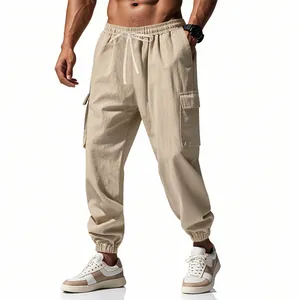 Full view of men's American style linen cargo jogger pants in beige with pockets