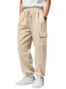 Men's breathable linen cargo jogger pants in beige with drawstring waist and side pockets