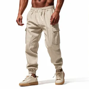 Comfortable men's beige linen cargo joggers with drawstring waist and functional side pockets