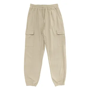Men's casual linen cargo pants with drawstring waist and elastic jogger cuffs in beige