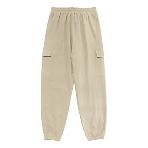 Men's American style khaki linen cargo joggers with elastic waist and side pocket details