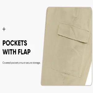 Detail shot showing the flap pocket construction on khaki linen cargo pants for men