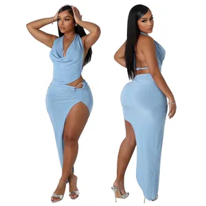 Sexy light blue two-piece set featuring halter neck cowl top and high slit maxi skirt