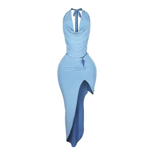 Light blue halter neck draped top and high-slit maxi skirt two-piece set detail view