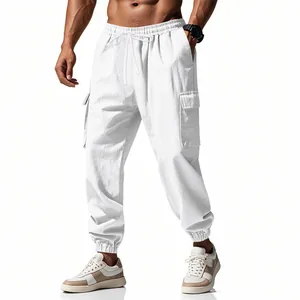 Premium white linen cargo joggers for men featuring drawstring waist and elastic ankle cuffs