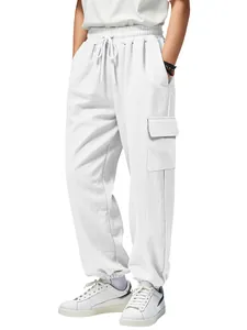 Detailed view of white loose-fit cargo jogger pants with elastic drawstring waist.