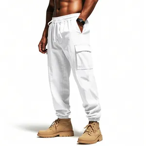 Detailed view of men's white linen cargo joggers with drawstring waist and pockets