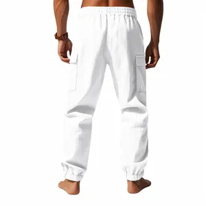 Back view of white men's linen cargo joggers featuring elastic waist and cuffs