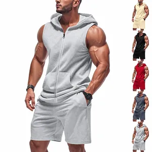 Men's summer sleeveless hooded zip-up fitness set and shorts in multiple colors