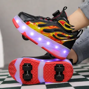 Detail of kids four-wheel roller shoes with flame pattern and bright LED lights.