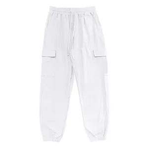 Comfortable white men's linen cargo joggers with drawstring waist and side pockets