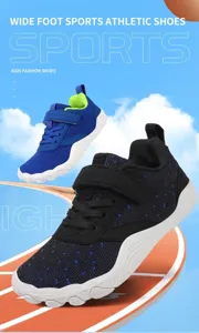 Detailed view of breathable kids sports shoes with wide-toe barefoot design and strap closure