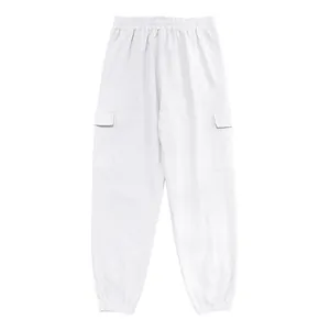 Detail view of white linen cargo joggers for men with elastic cuffs and waist