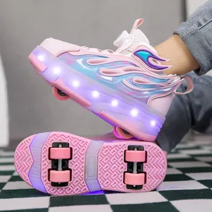Detail view of pink girl's four-wheel roller shoes with glowing LED lights