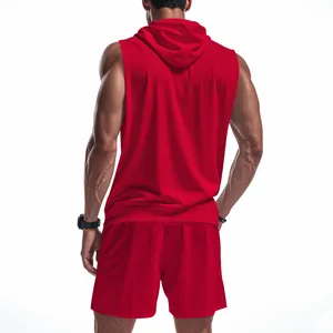 Back view of a red men's sleeveless fitness hoodie and gym shorts set for summer training